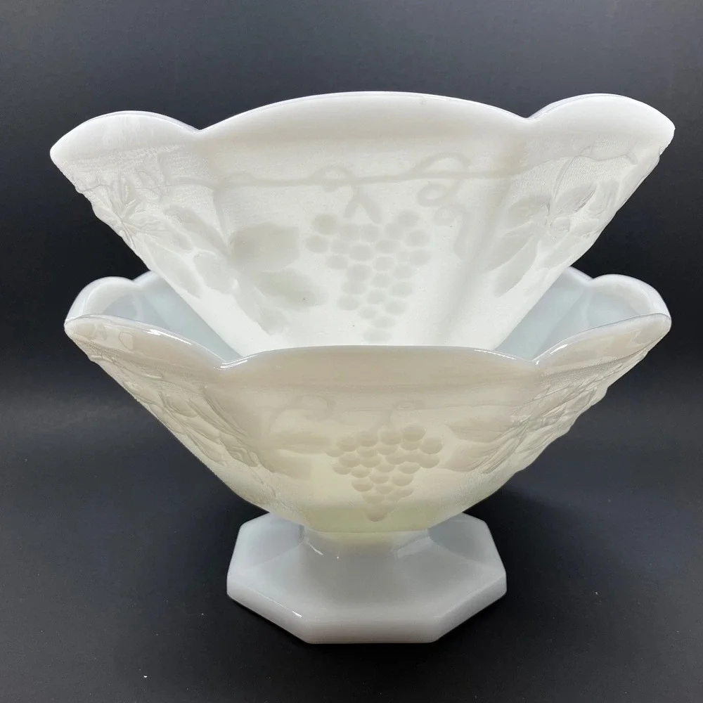 Anchor Hocking Footed Bowls Harvest Grape 8.5in White Milk Glass Vintage Pair